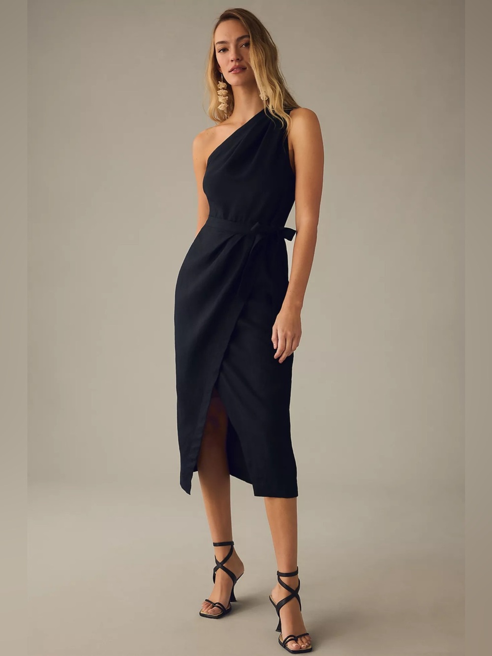 Anthropologie One-Shoulder Black Wrap Midi Dress Size 6